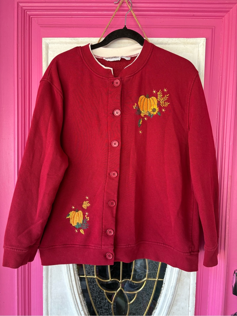 Fall Button-Up Red Cardigan with Pumpkin Embroidery